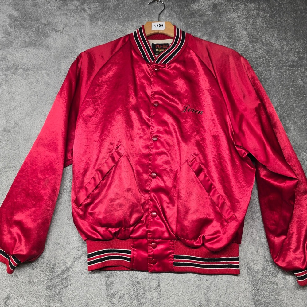 Vintage Pla-Jac Dunbrooke Satin Varsity Jacket Mens L Red Myers Auction Service